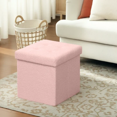 HOMCOM Foldable Sherpa Fleece Storage Ottoman Pink