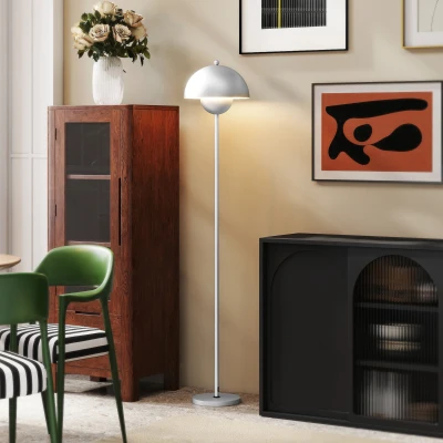 HOMCOM Candeeiro de Pé Moderno com Ecrã em Forma de Taça Refletora de Luz Interruptor de Pé Suporte E27 sem Lâmpada Ø35x155 cm Prata