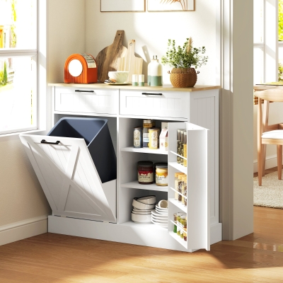 HOMCOM Buffet de cocina con ocultador de basura 38L mueble de cocina con almacenamiento 2 cajones estante de especias y encimera
