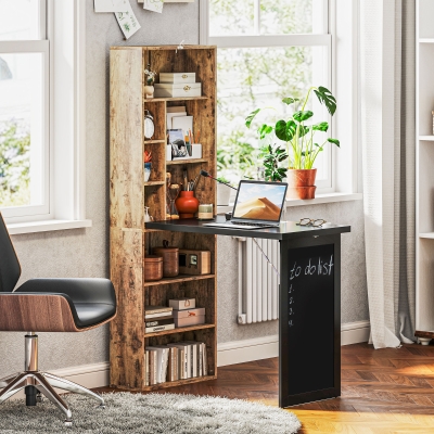 HOMCOM Klappbarer Computertisch mit Bücherregal, Arbeitsplatz, Tafel und verstellbarem Regal, 98x51x153cm, Braun