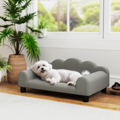 PawHut Sofá para Perros con Brazos de Apoyo en Madera y Tela de Rizo Francés 66x42x28,5 cm Gris