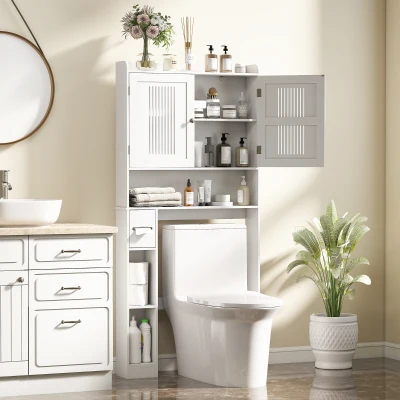 HOMCOM Armário sobre Sanita com Prateleira Ajustável 2 Portas Suporte para Papel Higiênico Armário para Máquina de Lavar 80x19,5x170 cm Branco