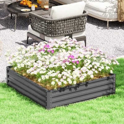 Outsunny Tuinbed, Plantenbak met Stalen Frame, Lichtgrijs, 120 x 120 x 30 cm