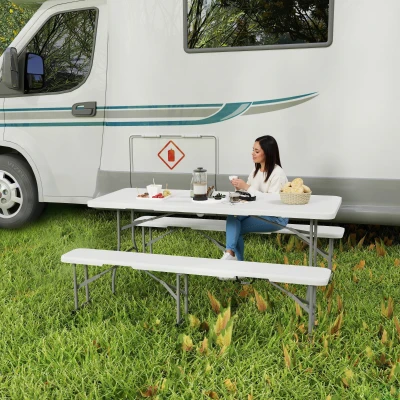 Outsunny Set da Pic Nic a 3 pz con Tavolo 2 Panche Bianco Grigio