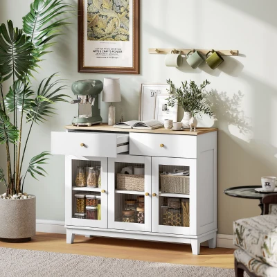 HOMCOM Aparador 3 Portas de Vidro Aparador para Sala Moderno com 2 Gavetas e Prateleiras Ajustáveis 100x35x80,3 cm Branco