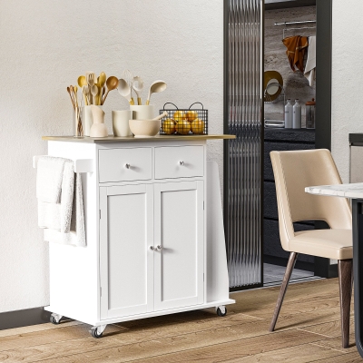 HOMCOM Carro de Cocina Auxiliar con Ruedas Carrito de Servicio con 2 Cajones Armario de Almacenaje Estante Interior Ajustable 3 Especieros y Barra para Colgar 89x45x89,5 cm Blanco