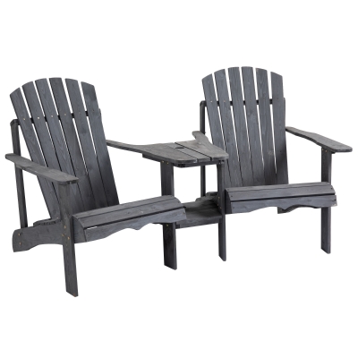 Outsunny Wooden Adirondack Loveseat with Table Dark Grey