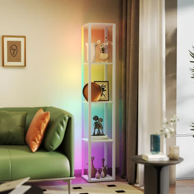 HOMCOM RGB LED Floor Lamp with Shelves, Oak