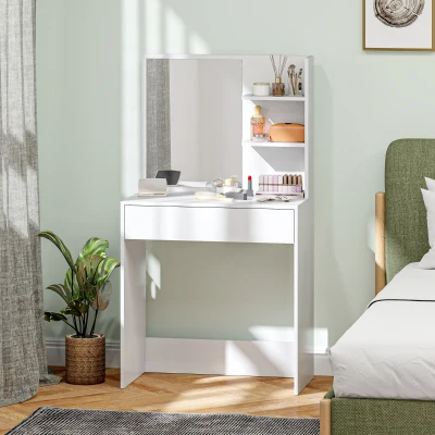 HOMCOM Tavolo da Trucco con Specchio, 3 Ripiani e Cassetto Bianco