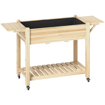 Outsunny Jardinera Elevada con Ruedas Repisas Plegables y Estante 145x52x86 cm Sistema de Drenaje y Estructura de Madera Natural