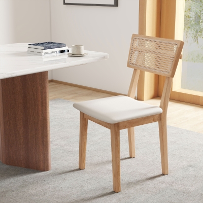 HOMCOM Silla de Comedor Respaldo de Rattan Asiento de Piel Sintética Madera de Caucho Madera Natural