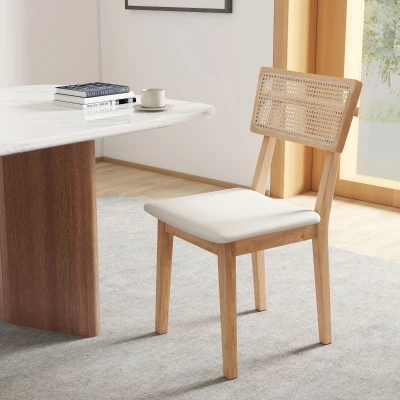 HOMCOM Silla de Comedor Respaldo de Rattan Asiento de Piel Sintética Madera de Caucho Madera Natural