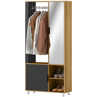 HOMCOM Kast met Spiegel en Kledingstang, Opbergruimten, Open Opbergruimtes, Natuurlijk hout, Zwart