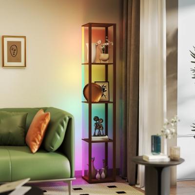 HOMCOM RGB LED Floor Lamp with Shelves, Brown