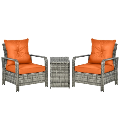 Outsunny 3 Pieces Rattan Bistro Set, Wicker Garden Furniture Set with Storage Coffee Table and Chairs, Thickened Cushions for Outdoor, Patio, Balcony, Orange