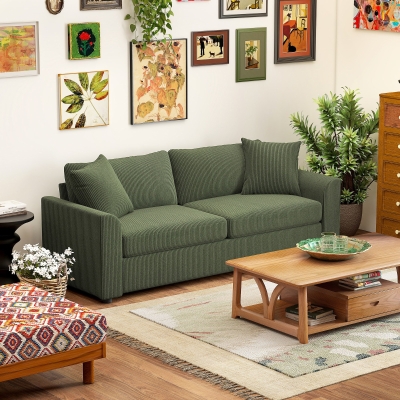 HOMCOM Sofá de 3 Plazas Tapizado en Pana con 2 Almohadas Reposabrazos y Cojín de Muelles 212x80x88 cm Verde