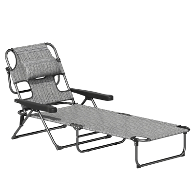 Outsunny Espreguiçadeira Dobrável de Jardim com Encosto Ajustável em 4 Níveis Orifício de Leitura e Almofada 194x72x31 cm Cinza