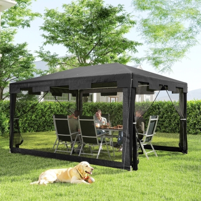 Outsunny Tenda de Jardim 4x3 m Tenda Dobrável com 4 Mosqueteiras Laterais 2 Portas e 8 Orifícios de Drenagem Cinza Escuro