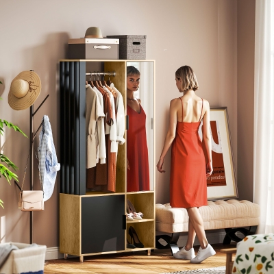 HOMCOM Armario con Espejo y Barra para Ropa Compartimentos de Almacenamiento Abiertos Madera Natural Negro