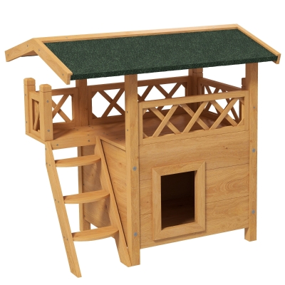 PawHut Maison Chats Sauvages Bois Naturel avec Terrasse 77x50x73 cm