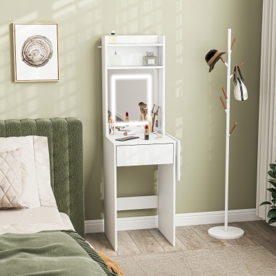 HOMCOM Tocador de Maquillaje con Luces LED de Color Ajustable y Espejo Lateral Abatible Cajón Compartimentos Abiertos Blanco