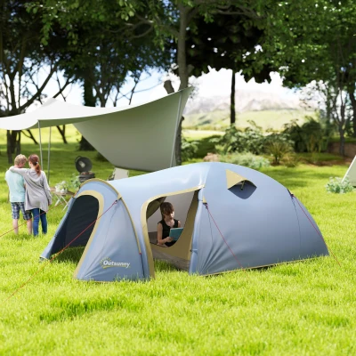 Outsunny Campingzelt für 4 Personen, wasserdicht Tunnelzelt mit 2 Türen Haken Packtasche 3,45 x 2,4 x 1,3 m Hellblau