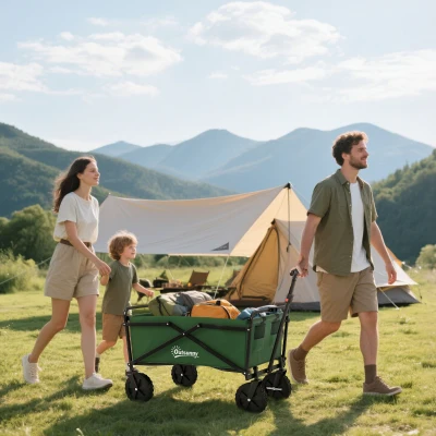 Outsunny Carro Plegable Carretilla de Transporte con Mango Ajustable Rueda Universal Freno para Playa Jardín Camping Marco Acero Carga 40 kg 83x50x69-99 cm