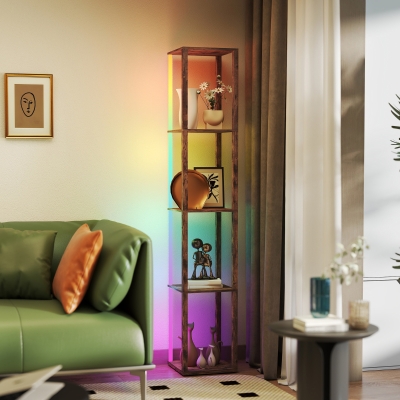 HOMCOM LED Floor Lamp with Shelves, Remote, Rustic Brown