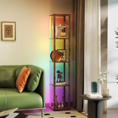 HOMCOM LED Floor Lamp with Shelves, Remote, Rustic Brown
