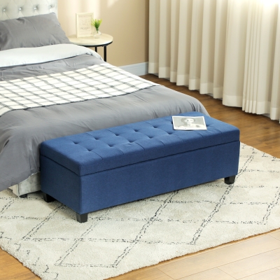 HOMCOM Banc Rangement Tissu Lin Pieds Bois Bleu 125cm