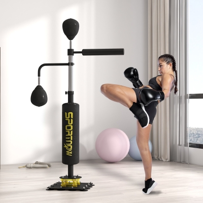 SPORTNOW Saco de boxeo vertical con dos pelotas de velocidad poste giratorio de boxeo ajustable en altura 84x36x140-205 cm Negro
