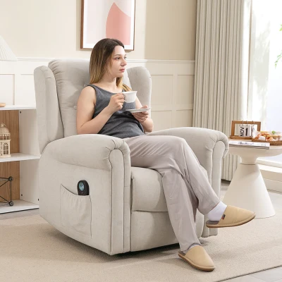 HOMCOM Elektrischer Massage- und Heizrelaxsessel mit manuell verstellbarem Rücken und Fußstütze, Seitentasche, beige