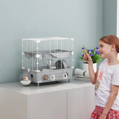 PawHut Hamsterkäfig mit 2 Etagen und 3 Türen mit Laufrad und Röhren, aus Stahl, PS und PP, 44,5x28x44 cm, Grau und Weiß