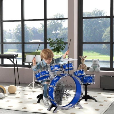 AIYAPLAY Set Kinder Schlagzeug mit Bassdrum mit Pedal, Trommeln, Becken und Hocker, Alter 3-6 Jahre, Blau