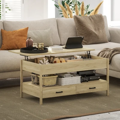 HOMCOM Höhenverstellbarer Couchtisch mit Schubladen und verstecktem Fach für Wohnzimmer, Home-Office, Eiche