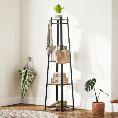 HOMCOM Kleiderständer mit 8 Haken, 3 Regalen und oberer Ablage, 34x34x170 cm, Braun