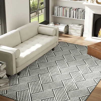 HOMCOM Teppich für Wohnzimmer 200 x 140 cm kurzer Flor maschinenwaschbar hypoallergen für Wohnzimmer, Schlafzimmer, Büro, hellgrau