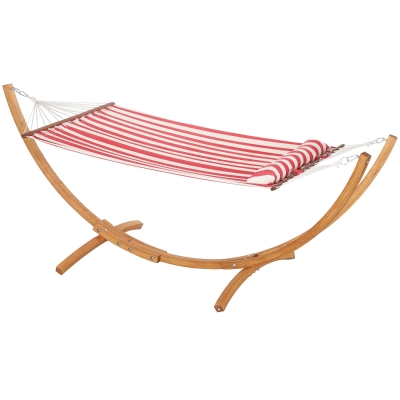 Outsunny Hängematte mit Ständer, 1 Person, Hängematte mit Holzgestell Kopfkissen, Baumwolle, 310x118x120cm, Rot und Weiß