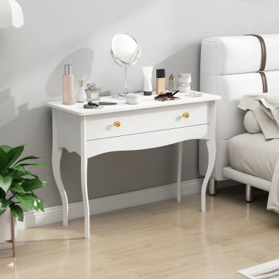 HOMCOM Schminktisch mit großer Schublade und geschwungenen Beinen, Schminktisch für Schlafzimmer, 100 x 40 x 74 cm, weiß