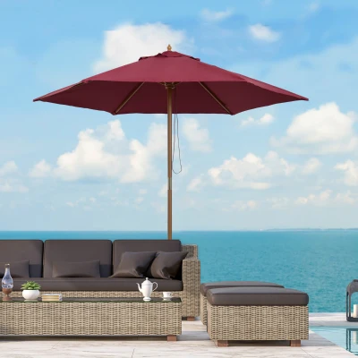 Outsunny Runder Garten-Sonnenschirm aus Holz und Polyester mit Seilöffnung, 2,5x2,3 m, Bordeaux