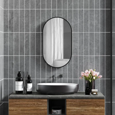 HOMCOM Ovaler Wandspiegel mit Aluminiumrahmen im minimalistischen Stil, vertikale oder horizontale Montage mit 3 Haken 40 x 70 cm Schwarz