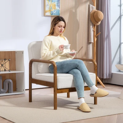 HOMCOM Salonstuhl aus Schlingengewebe mit Kissen und Kautschukholzgestell, für Schlafzimmer, Wohnzimmer, Esszimmer, Weiß