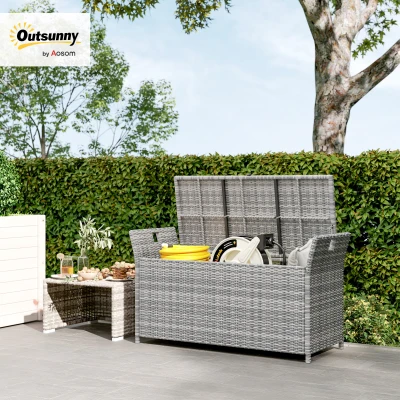 Outsunny Outdoor White Wicker Resin Storage Bench 250L with Removable Cushion, for Garden, Balcony