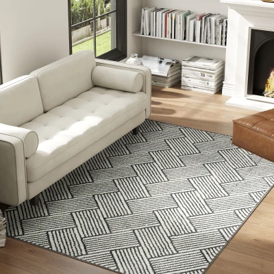 HOMCOM Teppich Wohnzimmer 170 x 120 cm Kurzflor maschinenwaschbar hypoallergen für Wohnzimmer, Schlafzimmer, Büro, hellgrau