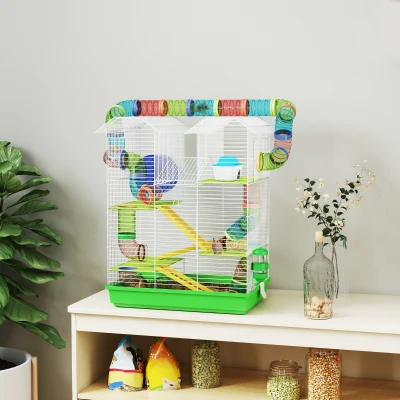 PawHut Käfig für Hamster Mäuse Kleintiere Nagetiere mit Tunnel Futtertrog Laufrad Spielzeug 47 x 30 x 59 cm Grün
