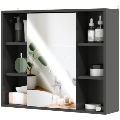 HOMCOM Badezimmerschrank mit Spiegel, Schrank mit Türen und 6 offenen Fächern, 60 x 14,5 x 49,4 cm, Schwarz