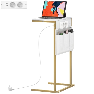 HOMCOM Couchtisch C-Form Marmoreffekt mit integrierten Steckdosen und USB, Weiß