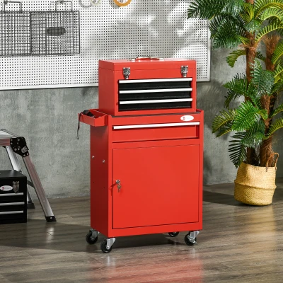 DURHAND Werkzeugwagen 2 in 1 mit abnehmbarem Kasten und Schrank mit Schlüssel aus Stahl, Rot
