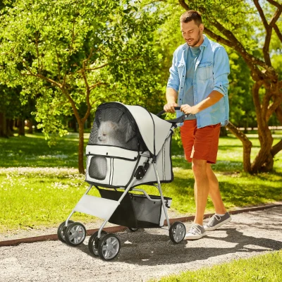 PawHut Cat Pushchair, Foldable, W/ 4 Wheels - Grey & Silver