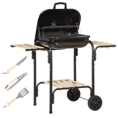 Outsunny Holzkohlegrill mit Deckel, Ablagen und Rädern, komplett mit Spachtel, Zange und Messer, Schwarz